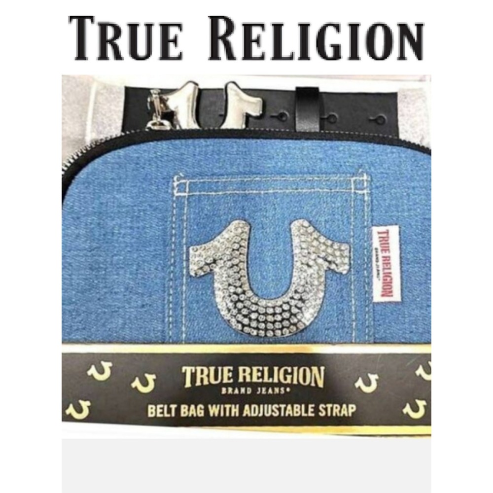 True‎ Religion Rhinestone Horseshoe Logo Denim Belt Bag w/Adjustable Strap